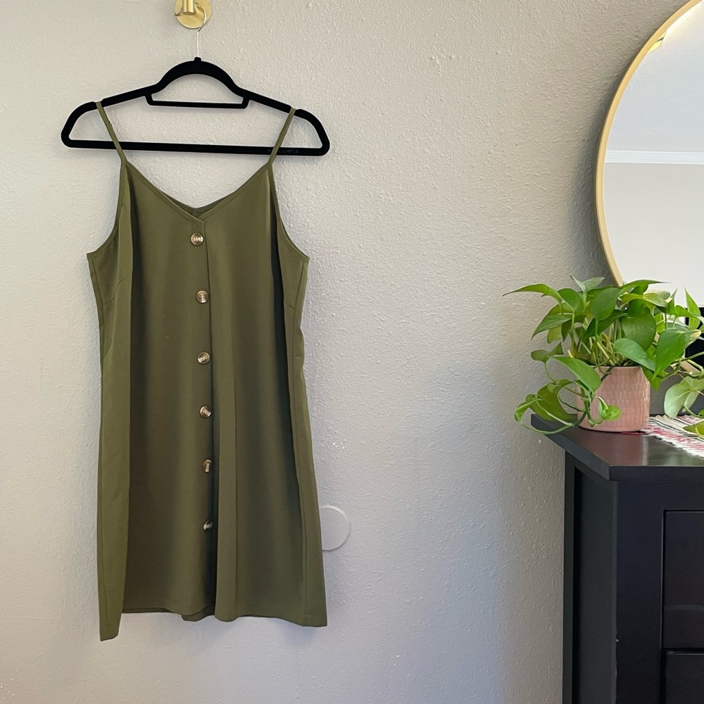 Army Green Spaghetti Strap Mini Dress w/Tortoise Shell Buttons